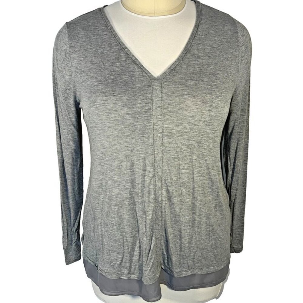 WHBM - Blouse Women's XL Gray Micro Beaded V-Neck Chiffon Trim Hem Long Sleeve